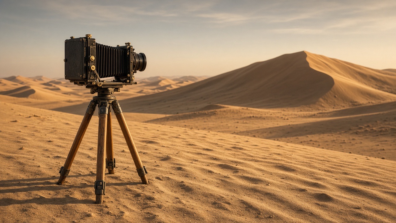 Large-format camera in desert light in the Seedance workspace