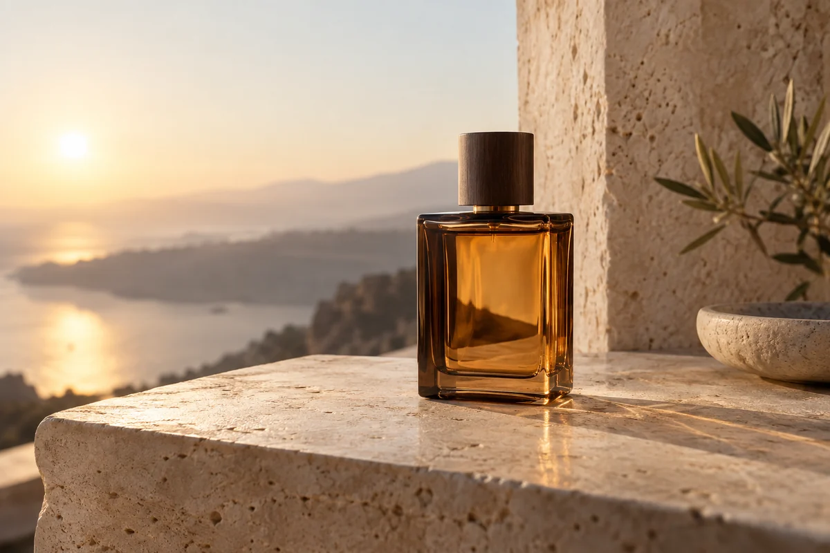 Unbranded amber perfume bottle photographed on a sunlit stone plinth
