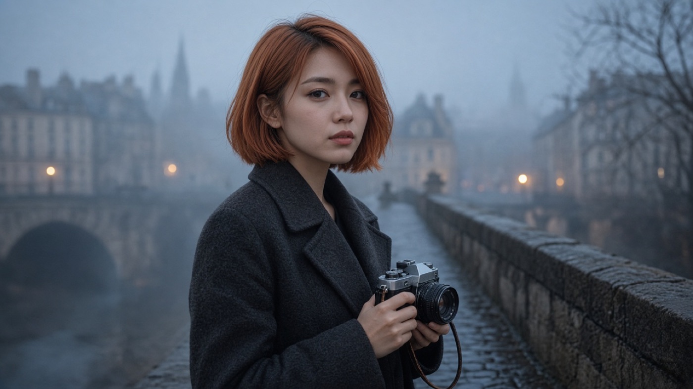 Portrait of the same woman on a foggy bridge showing subject consistency