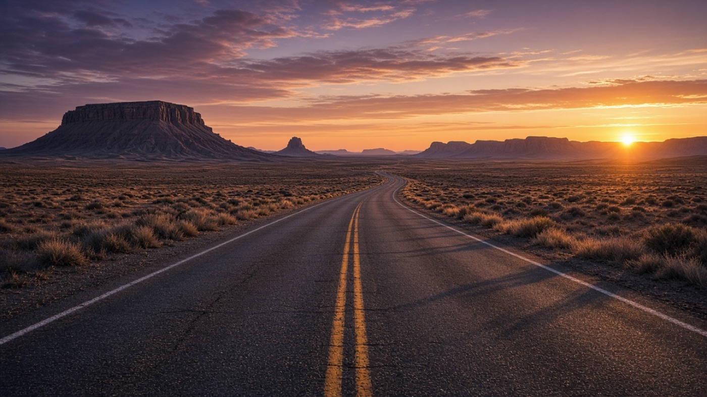Ultra-wide desert highway still showing native wide aspect framing