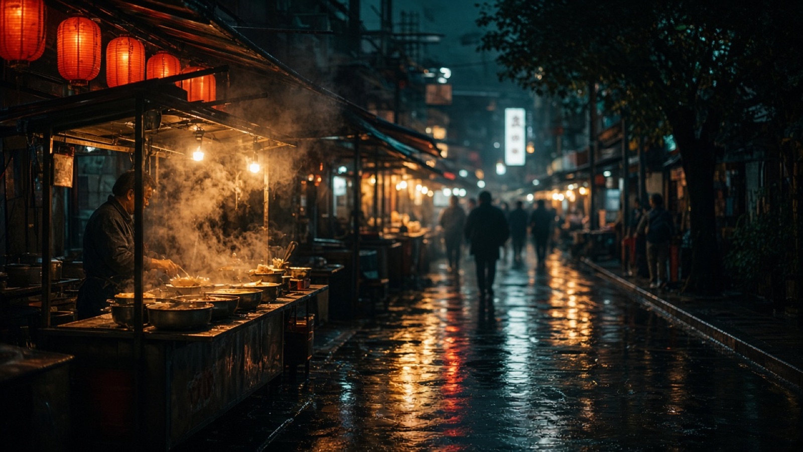 Rain-lit night market still used to introduce Nano Banana 2 image generation
