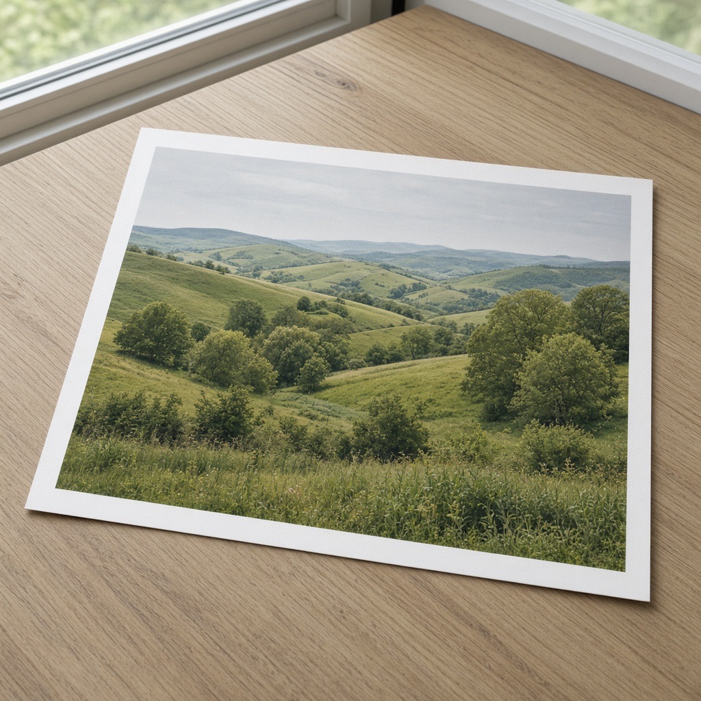 Landscape print lying on a pale oak table in daylight