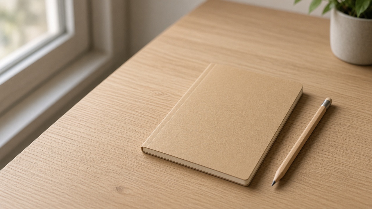 Unbranded notebook and pencil on a pale oak desk