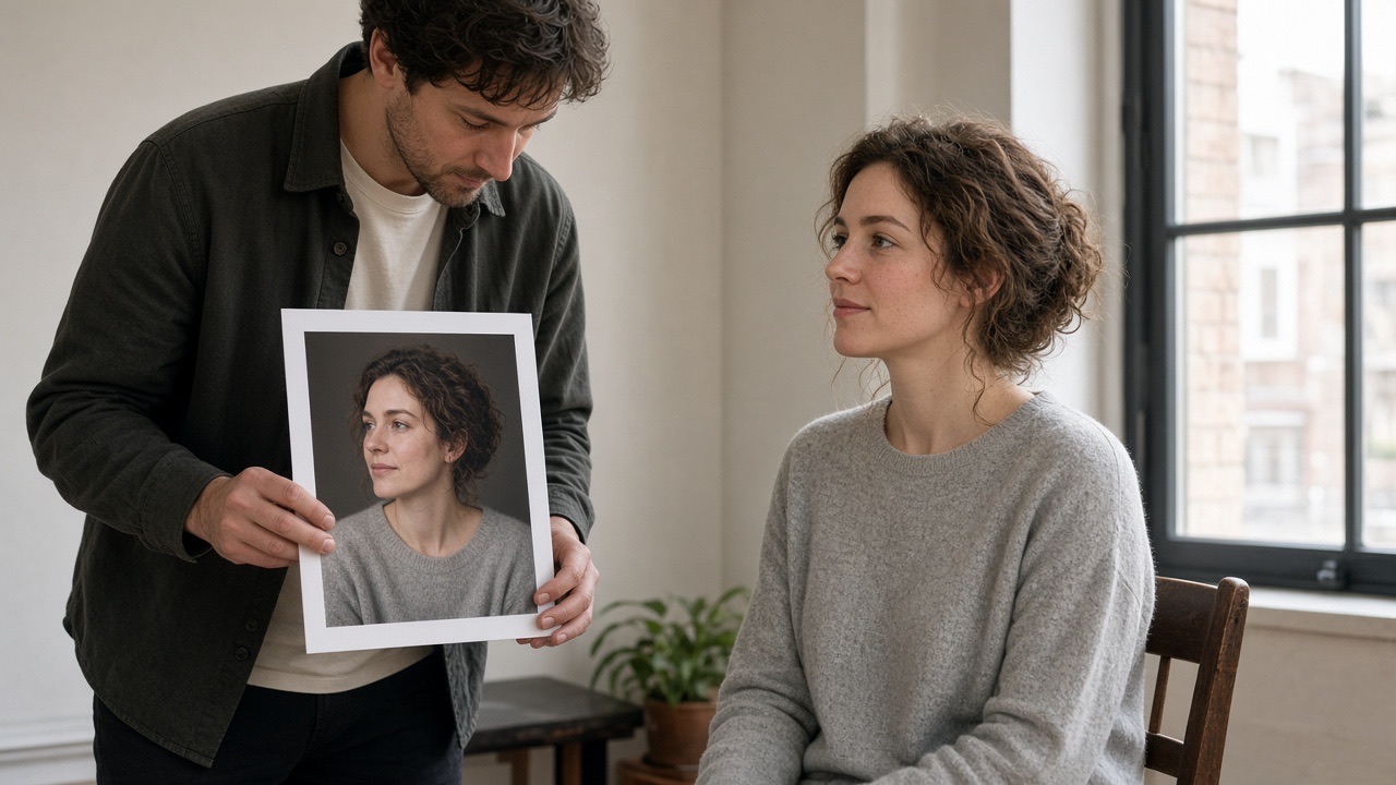 Photographer comparing a printed portrait with the sitter
