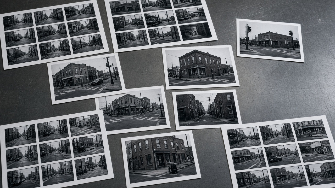 Contact sheets of street photographs spread on a steel table