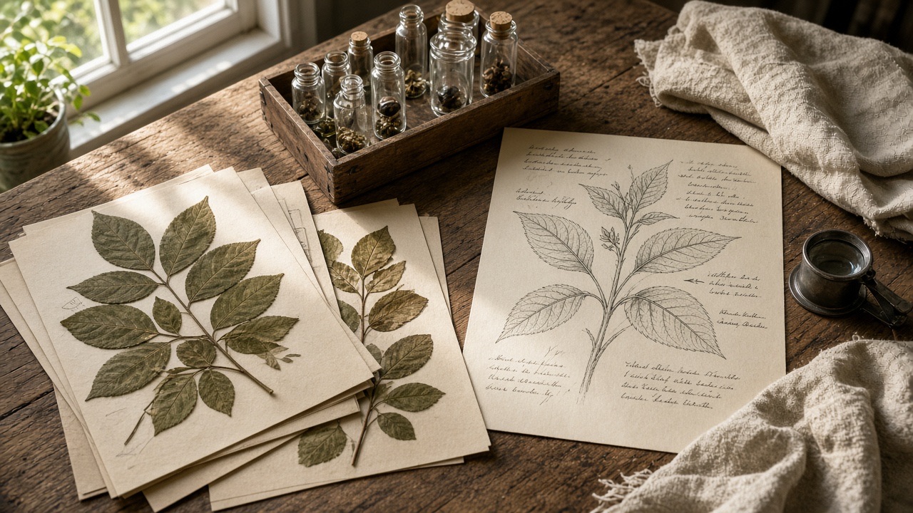 Botanist workbench with specimens, vials, and a handwritten plant sheet