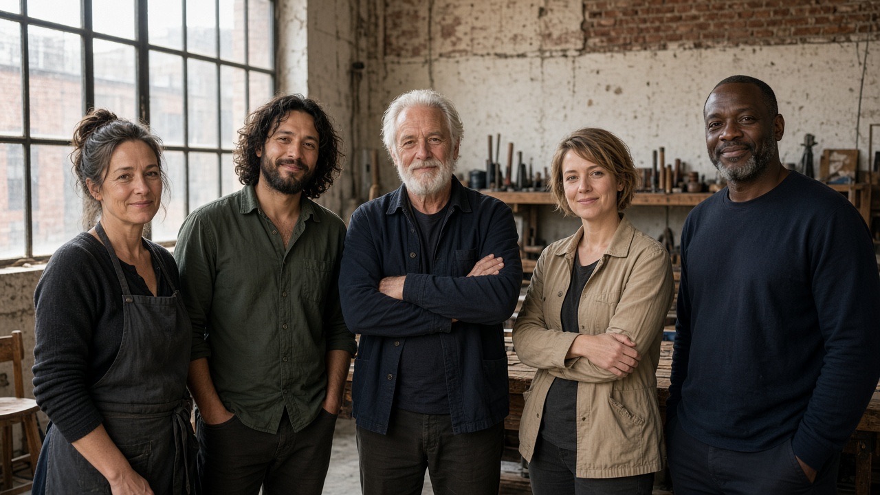 Five adults standing together in a sunlit workshop