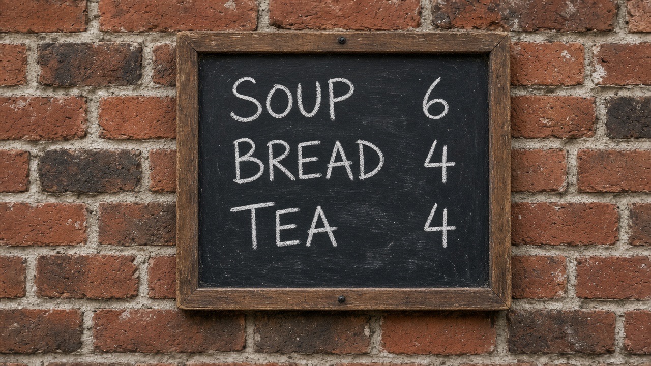 Chalk menu on a brick wall listing soup, bread, and tea