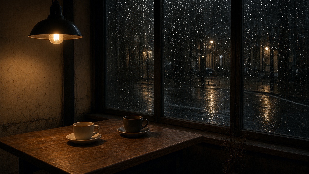 Closed cafe table at night with one lamp and rain on the window