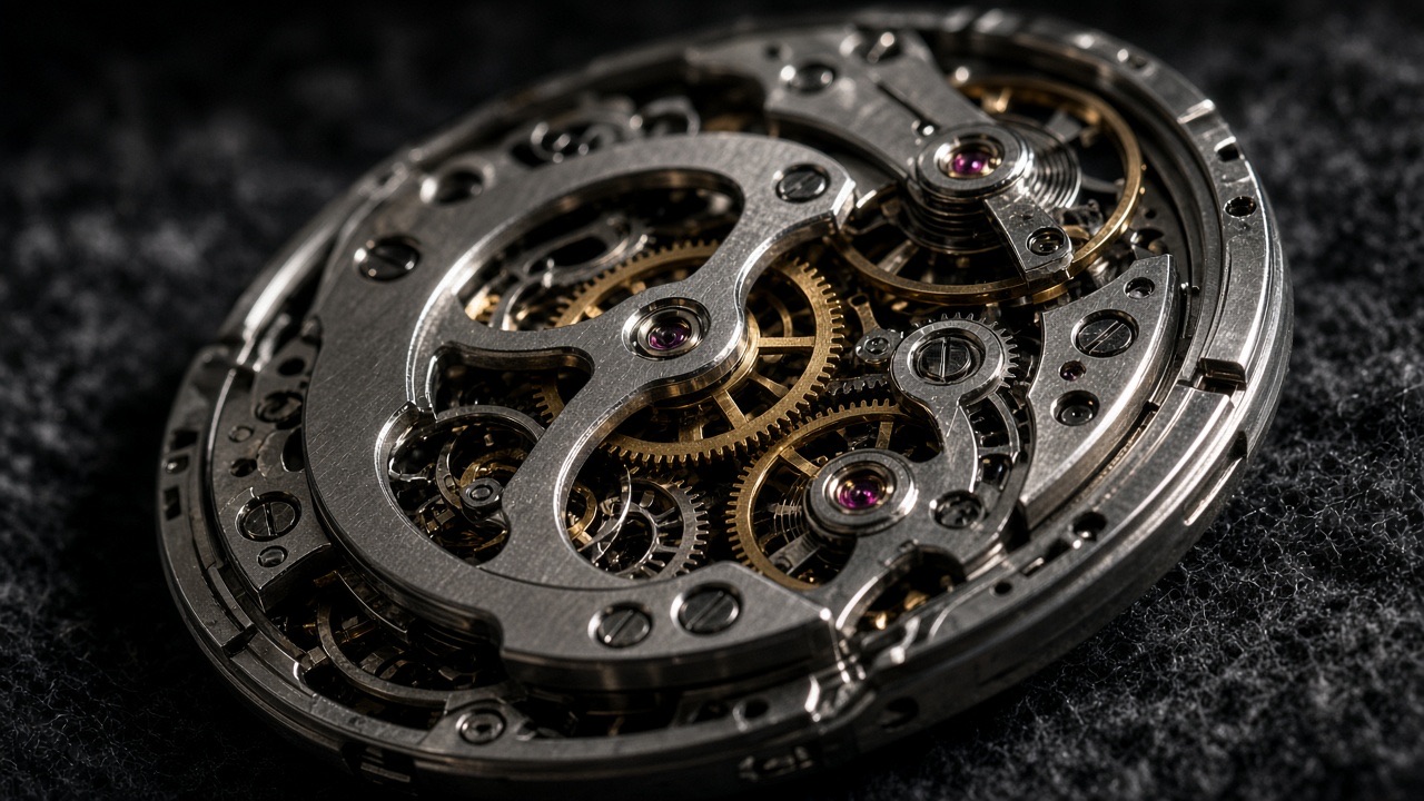 Macro photograph of an unbranded mechanical watch movement