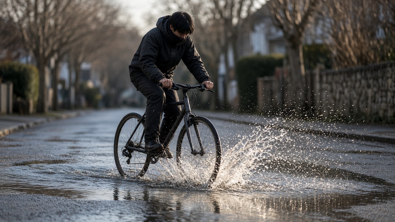 Cyclist in a plain jacket riding through a sunlit puddle