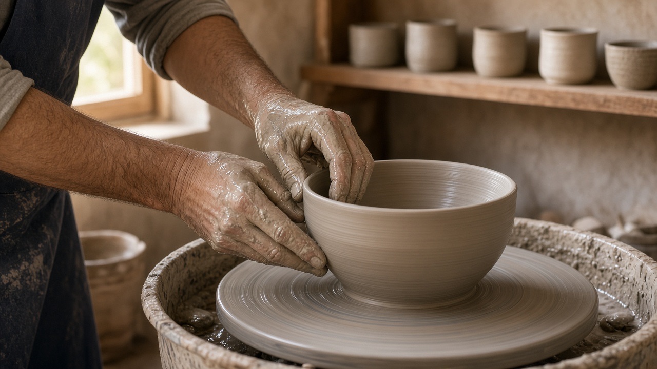 Potter shaping a clay bowl on a wheel in daylight