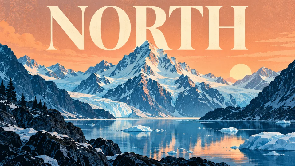 Blue mountain travel poster with peach sky and NORTH typography