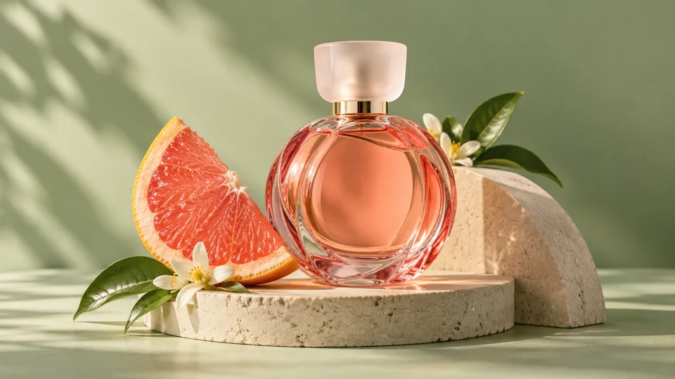 Pink glass perfume bottle with grapefruit on a pale stone pedestal