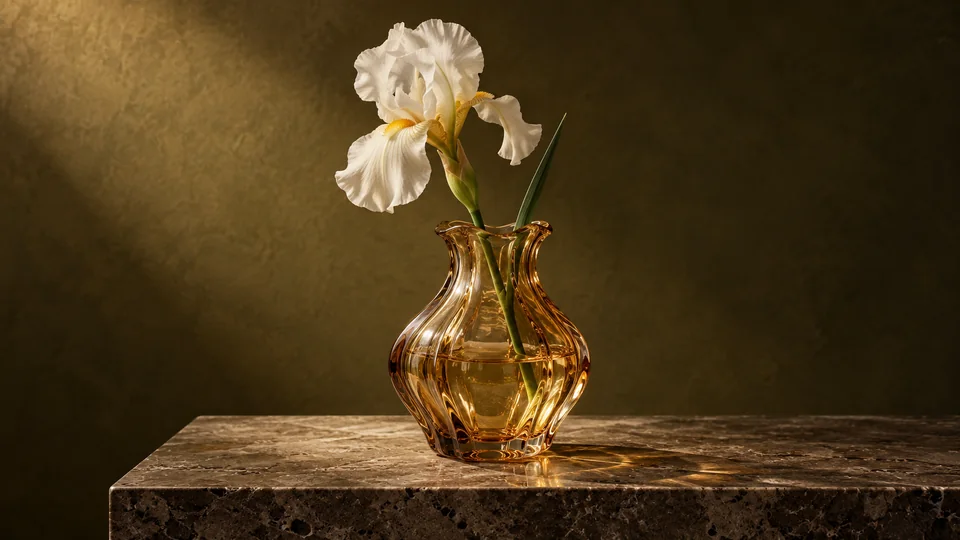 Amber glass vase and a white iris with fine illuminated details