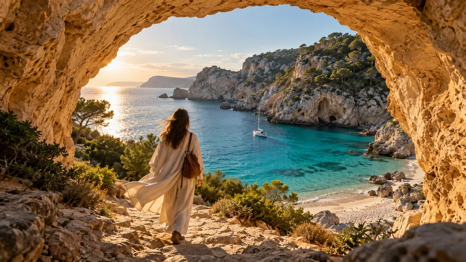 A traveler walking through a sunlit stone arch toward a turquoise coast
