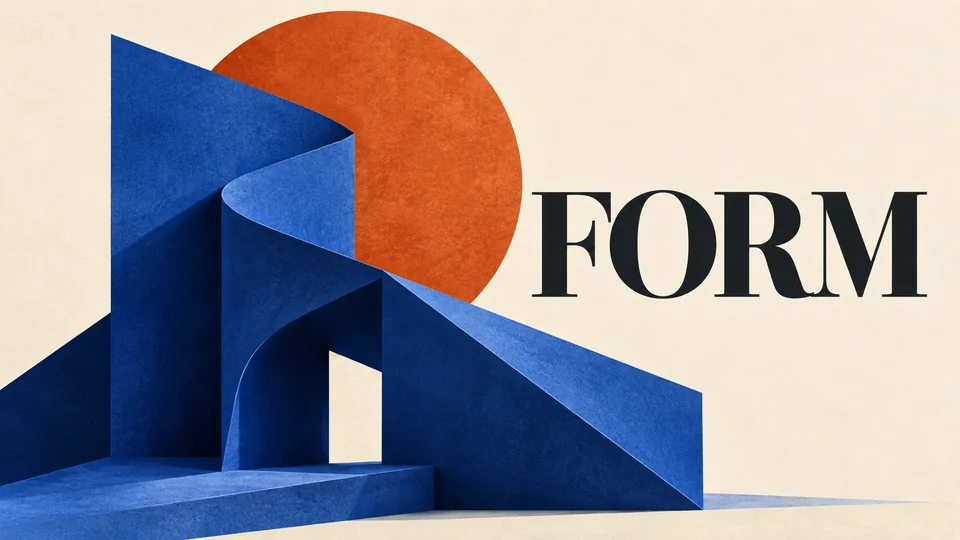 钴蓝雕塑造型与 FORM 字样组成的展览海报
