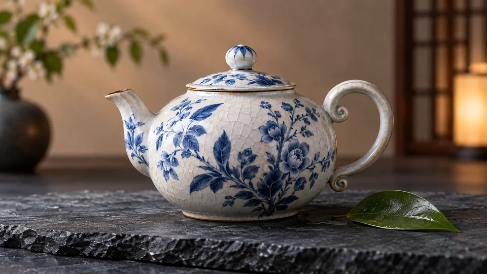 青花瓷茶壶置于深色石板，展现釉面与花纹细节